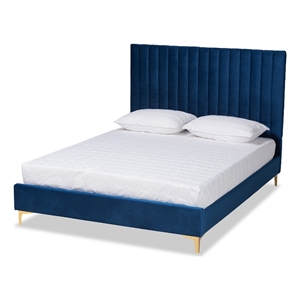baxton studio serrano blue velvet fabric and gold metal king size platform bed