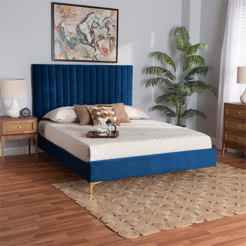 Baxton Studio Serrano Blue Velvet Fabric and Gold Metal Full Size Platform Bed
