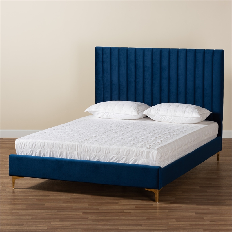 Baxton Studio Serrano Blue Velvet Fabric and Gold Metal Full Size Platform Bed