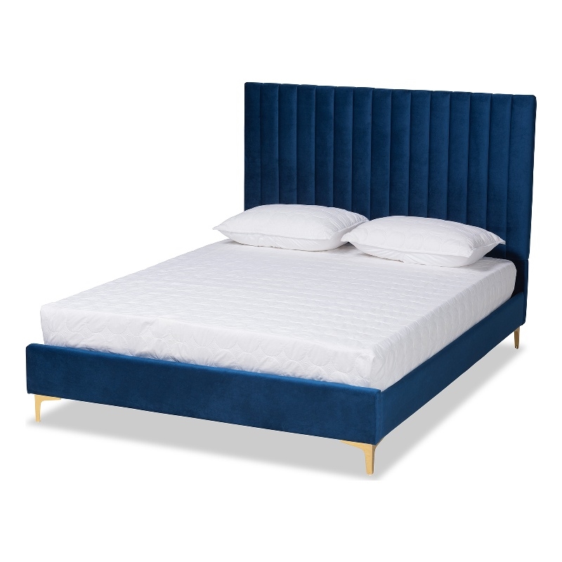 Baxton Studio Serrano Blue Velvet Fabric and Gold Metal Full Size Platform Bed
