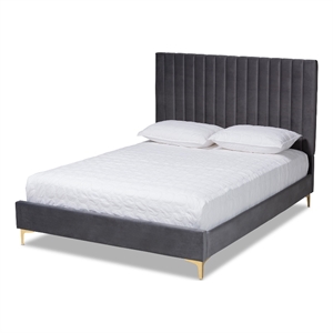 baxton studio serrano gray velvet fabric and gold metal king size platform bed