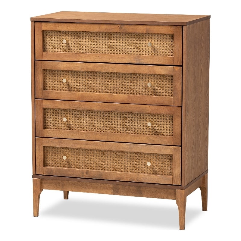Baxton Studio Ramiel Ash Walnut Finished Wood and Rattan 4-Drawer Chest