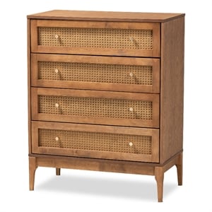Baxton Studio Ramiel Ash Walnut Finished Wood and Rattan 4-Drawer Chest