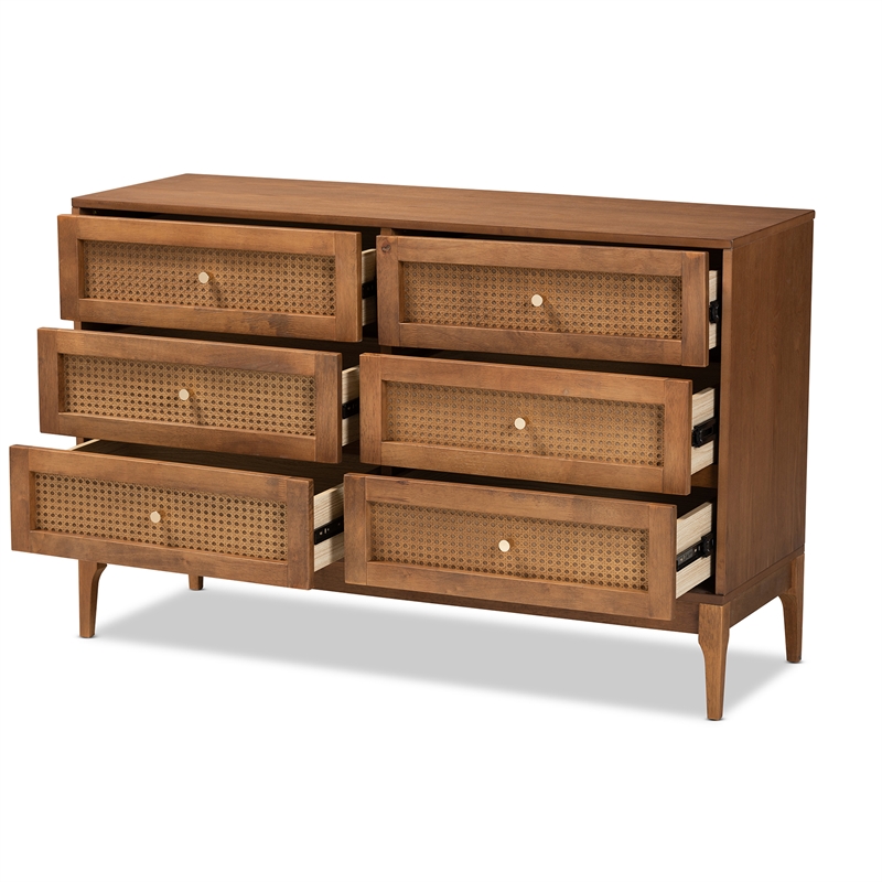 Baxton Studio Ramiel Ash Walnut Finished Wood and Rattan 6-Drawer Dresser