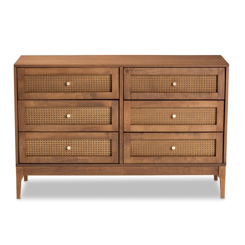 Baxton Studio Ramiel Ash Walnut Finished Wood and Rattan 6 Drawer Dresser Cymax Business