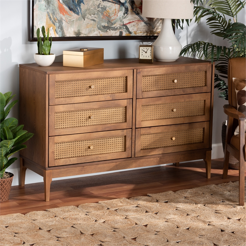Baxton Studio Ramiel Ash Walnut Finished Wood and Rattan 6-Drawer Dresser