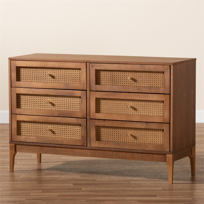 Baxton Studio Ramiel Ash Walnut Finished Wood and Rattan 6-Drawer Dresser