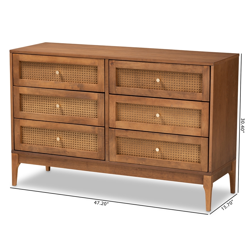 Baxton Studio Ramiel Ash Walnut Finished Wood and Rattan 6-Drawer Dresser