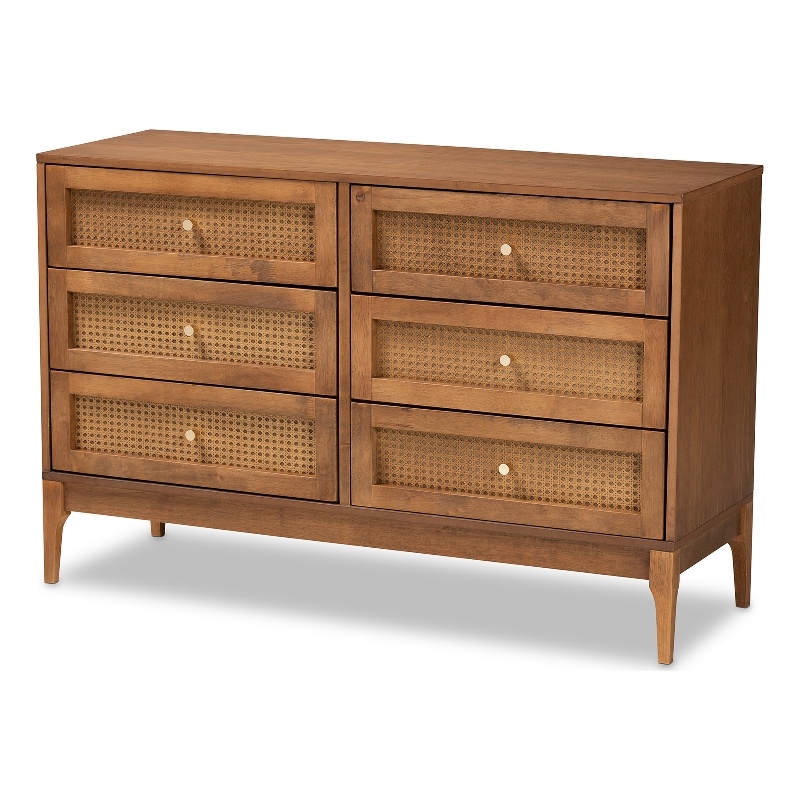 Baxton Studio Ramiel Ash Walnut Finished Wood and Rattan 6-Drawer Dresser