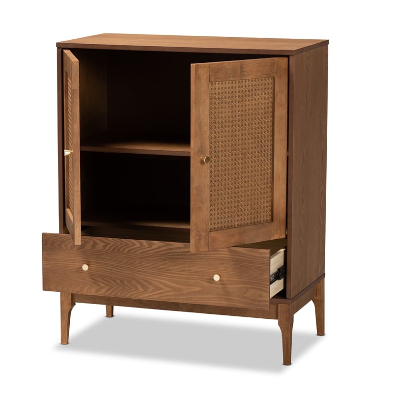 Baxton Studio Ramiel Ash Walnut Finished Wood and Rattan 1-Drawer Sideboard