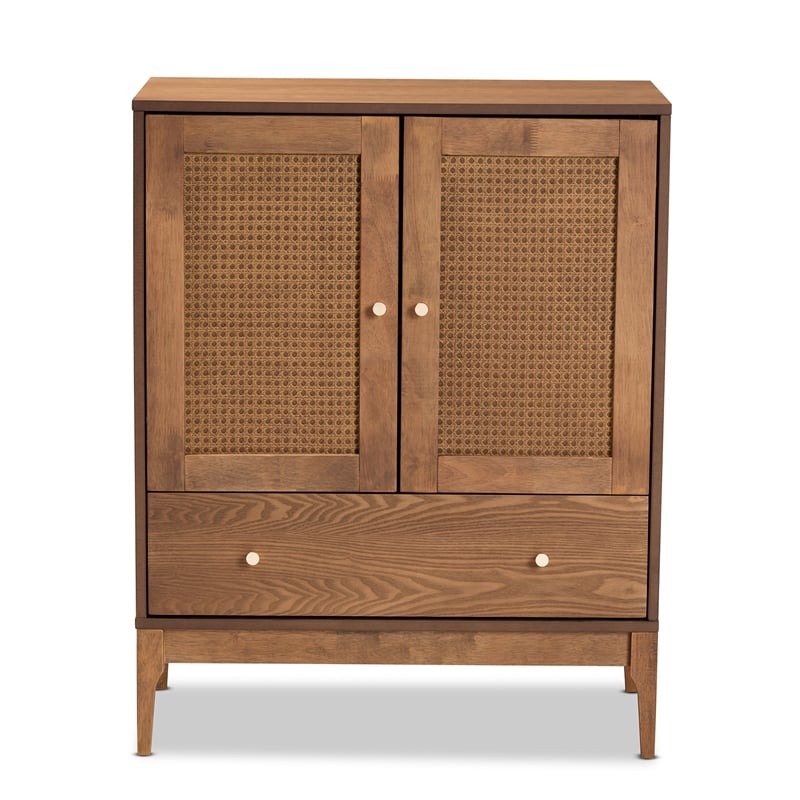 Baxton Studio Ramiel Ash Walnut Finished Wood and Rattan 1-Drawer Sideboard