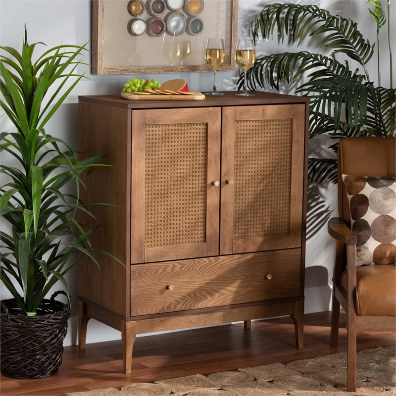 Baxton Studio Ramiel Ash Walnut Finished Wood and Rattan 1-Drawer Sideboard