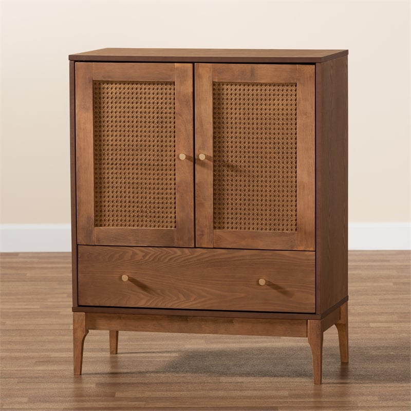Baxton Studio Ramiel Ash Walnut Finished Wood and Rattan 1-Drawer Sideboard
