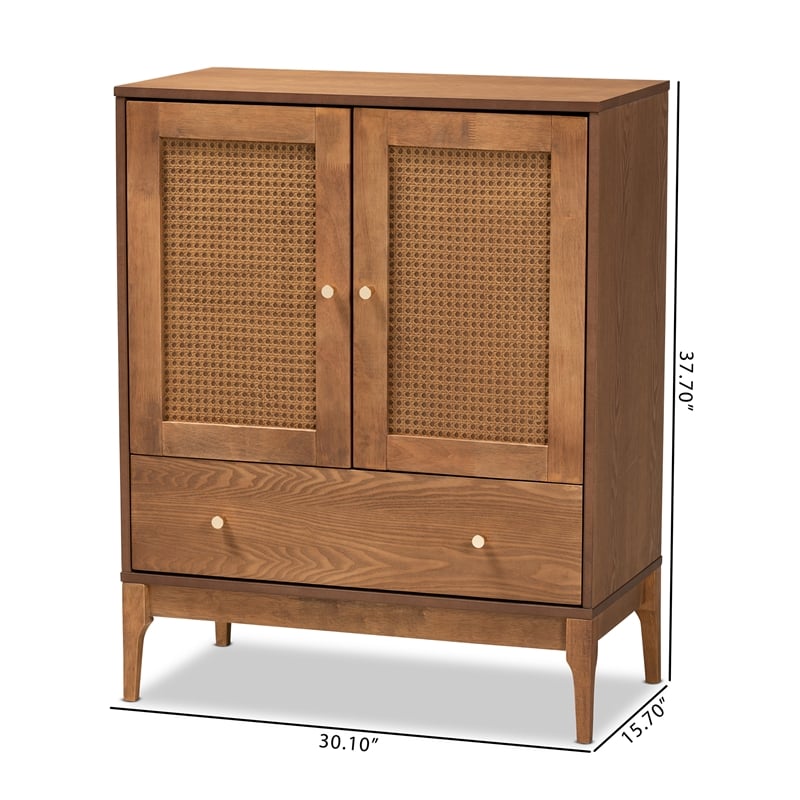 Baxton Studio Ramiel Ash Walnut Finished Wood and Rattan 1-Drawer Sideboard