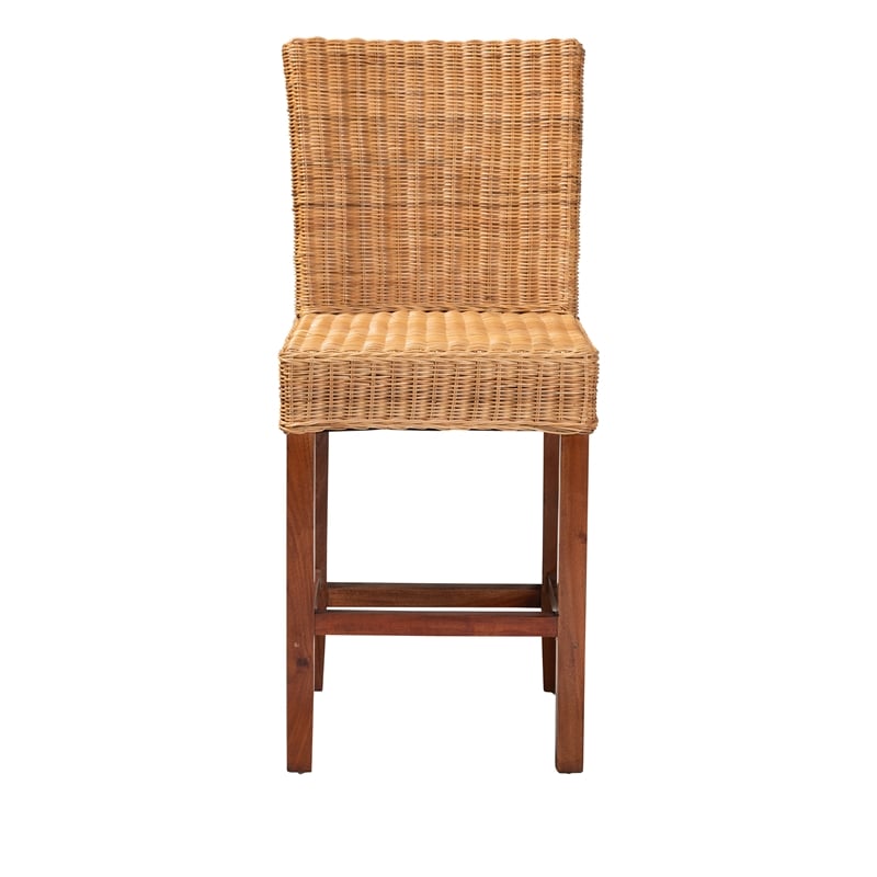 Baxton Studio Racquel Bohemian Natural Rattan and Mahogany Wood Counter Stool