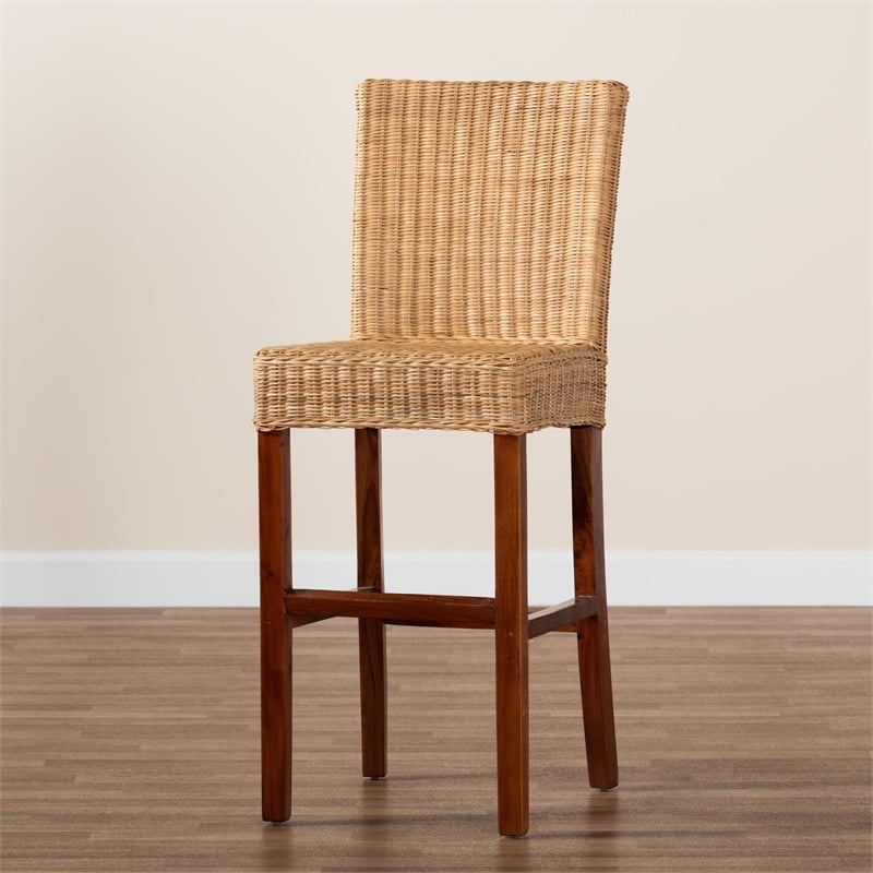 Baxton Studio Racquel Bohemian Natural Rattan and Mahogany Wood Bar Stool