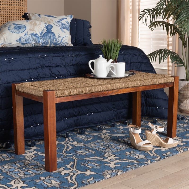 Baxton Studio Hermes Transitional Natural Seagrass and Mahogany Wood Bench
