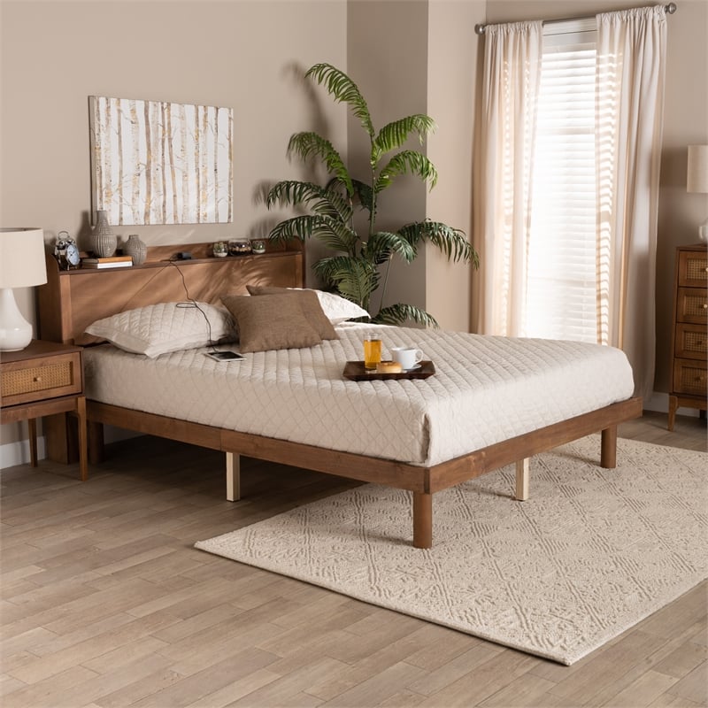 Baxton Studio Decker Brown Wood Full Size Platform Bed with Charging Station