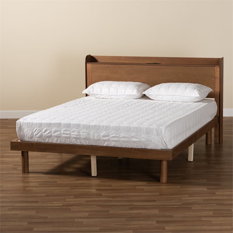 Baxton Studio Decker Brown Wood Full Size Platform Bed with Charging Station