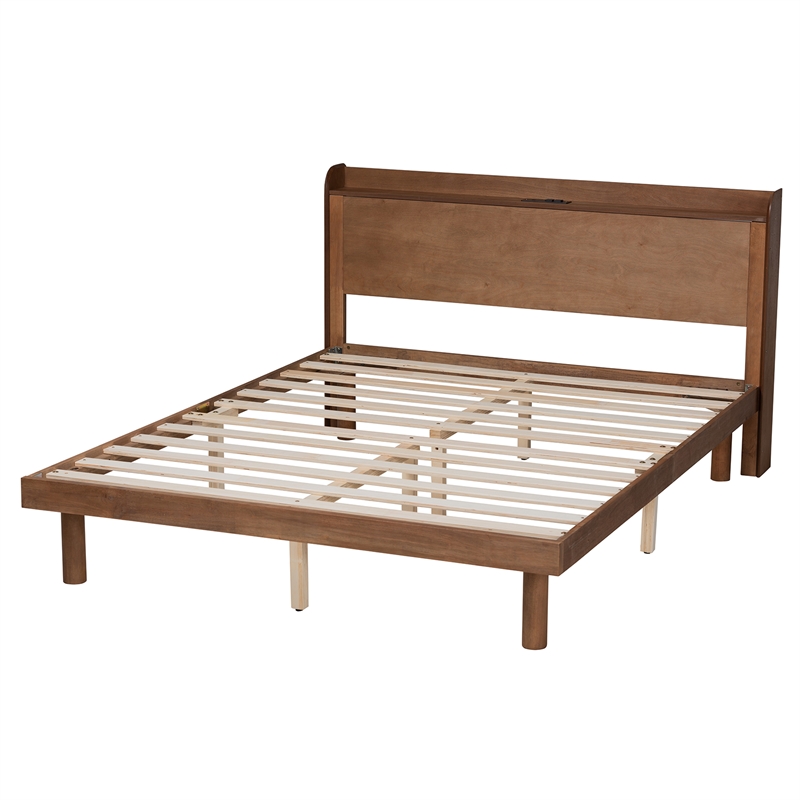 Baxton Studio Decker Brown Wood Queen Size Platform Bed with Charging Station