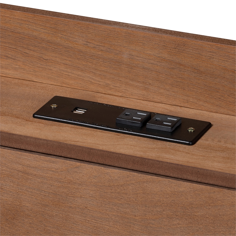 Baxton Studio Decker Brown Wood Queen Size Platform Bed with Charging Station