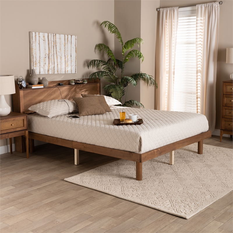Baxton Studio Decker Brown Wood Queen Size Platform Bed with Charging Station