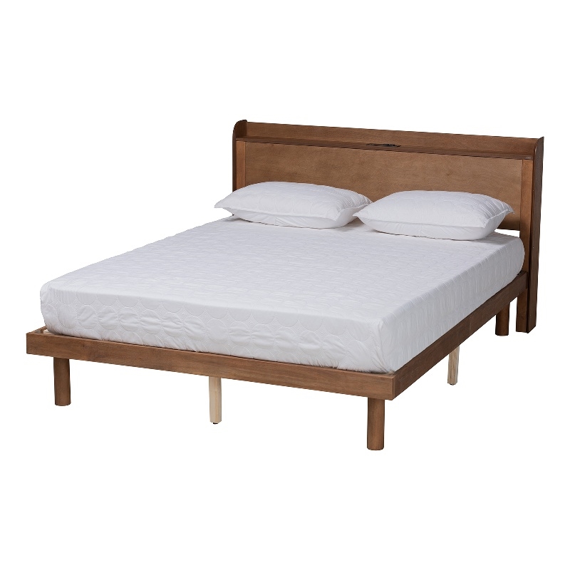 Baxton Studio Decker Brown Wood Queen Size Platform Bed with Charging Station