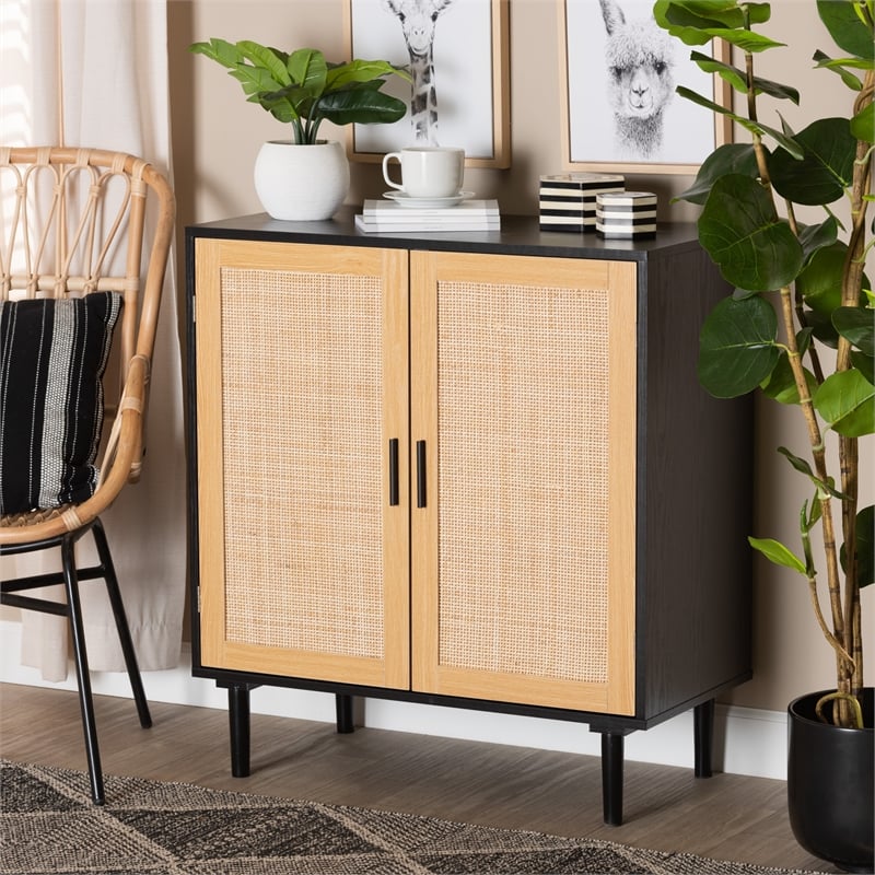 Baxton Studio Maureen Espresso Brown Wood and Rattan 2-Door Storage Cabinet