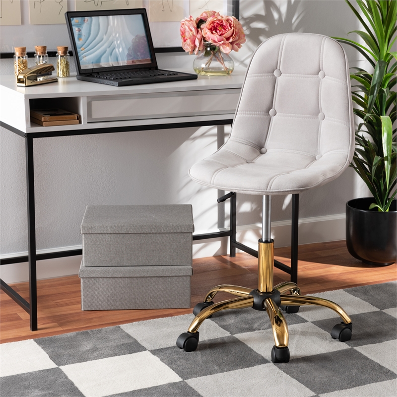 Baxton Studio Kabira Grey Velvet Fabric and Gold Metal Swivel Office chair