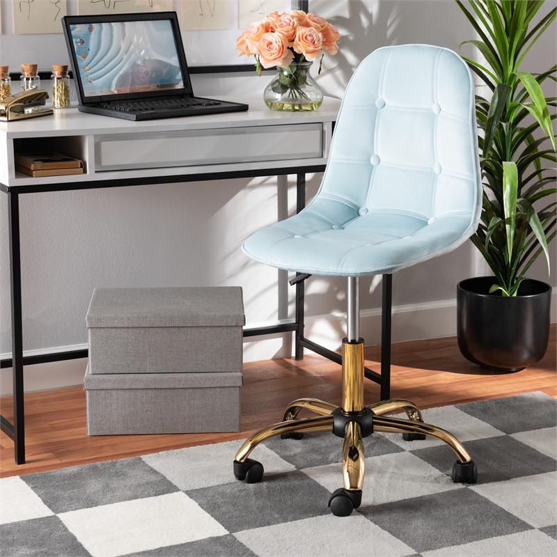 Baxton Studio Kabira Aqua Velvet Fabric and Gold Metal Swivel Office chair