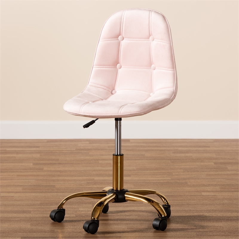 Baxton Studio Kabira Pink Velvet Fabric and Gold Metal Swivel Office chair