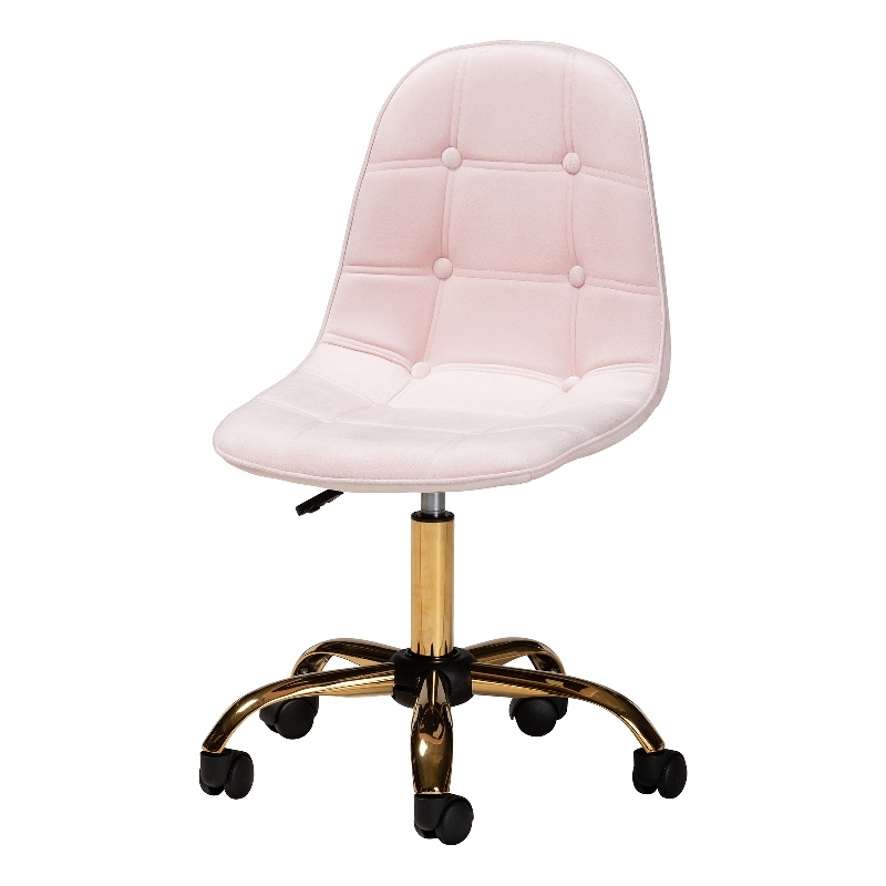 Baxton Studio Kabira Pink Velvet Fabric and Gold Metal Swivel Office chair