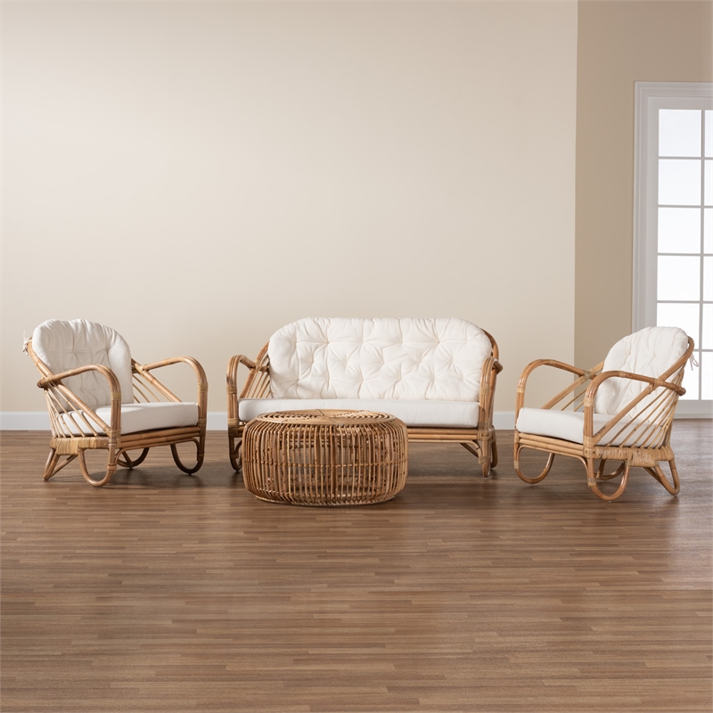 Baxton Studio Aliane Natural Brown Antique Rattan 4-Piece Living Room Set