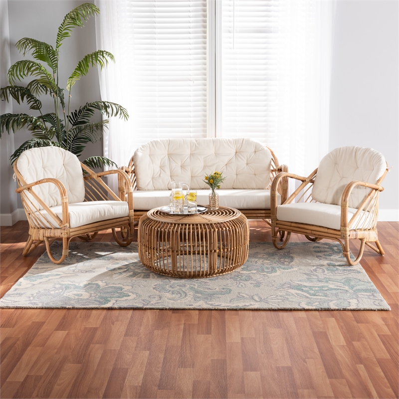 Baxton Studio Aliane Natural Brown Antique Rattan 4-Piece Living Room Set