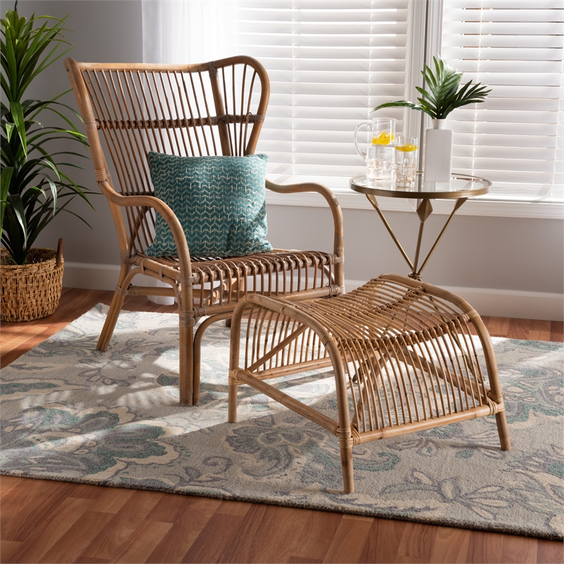 Baxton Studio Lamaria Brown Antique Rattan 2-Piece Chair and Footstool Set