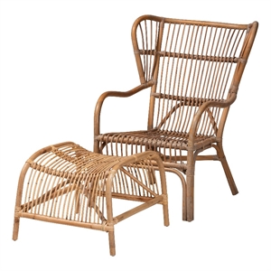 baxton studio lamaria brown antique rattan 2-piece chair and footstool set