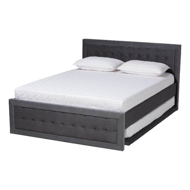 Baxton Studio Tegan Grey Velvet Fabric Queen Size Platform Bed with Trundle Cymax Business