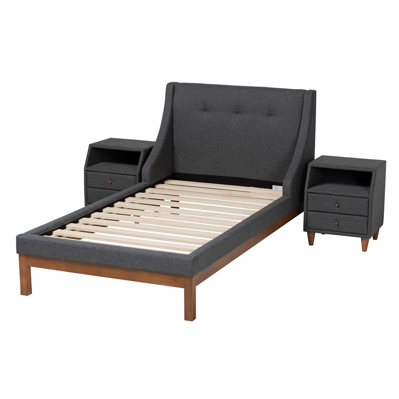 Baxton Studio Louvain Dark Grey Fabric Upholstered Twin Size 3-Piece Bedroom Set