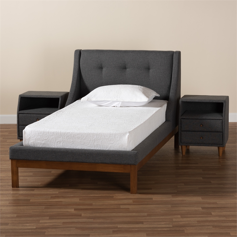 Baxton Studio Louvain Dark Grey Fabric Upholstered Twin Size 3-Piece Bedroom Set