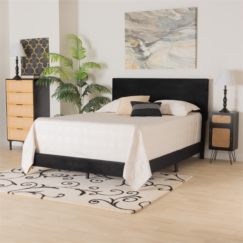 Baxton Studio Abberton Black Velvet and Gold Metal Queen Size Panel Bed