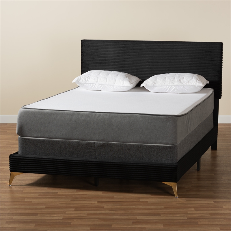 Baxton Studio Abberton Black Velvet and Gold Metal Queen Size Panel Bed