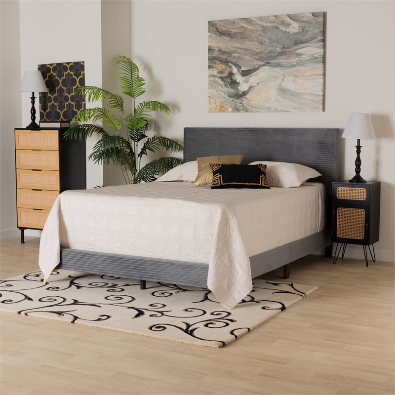 Baxton Studio Abberton Grey Velvet and Gold Metal Queen Size Panel Bed