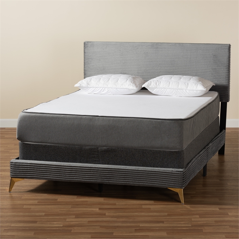 Baxton Studio Abberton Grey Velvet and Gold Metal Queen Size Panel Bed