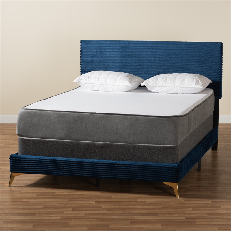 Baxton Studio Abberton Navy Blue Velvet and Gold Metal Queen Size Panel Bed