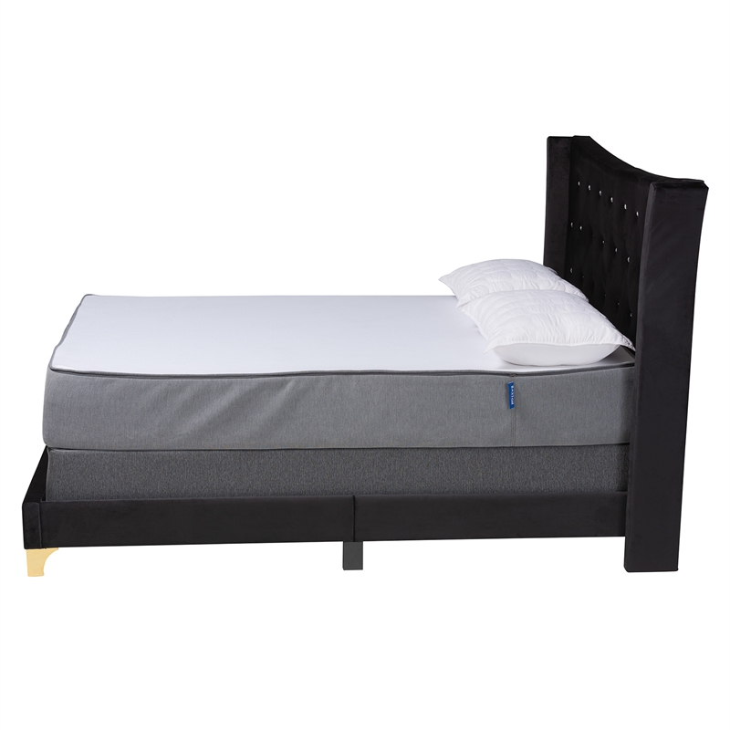 Baxton Studio Easton Black Velvet and Gold Metal Queen Size Panel Bed