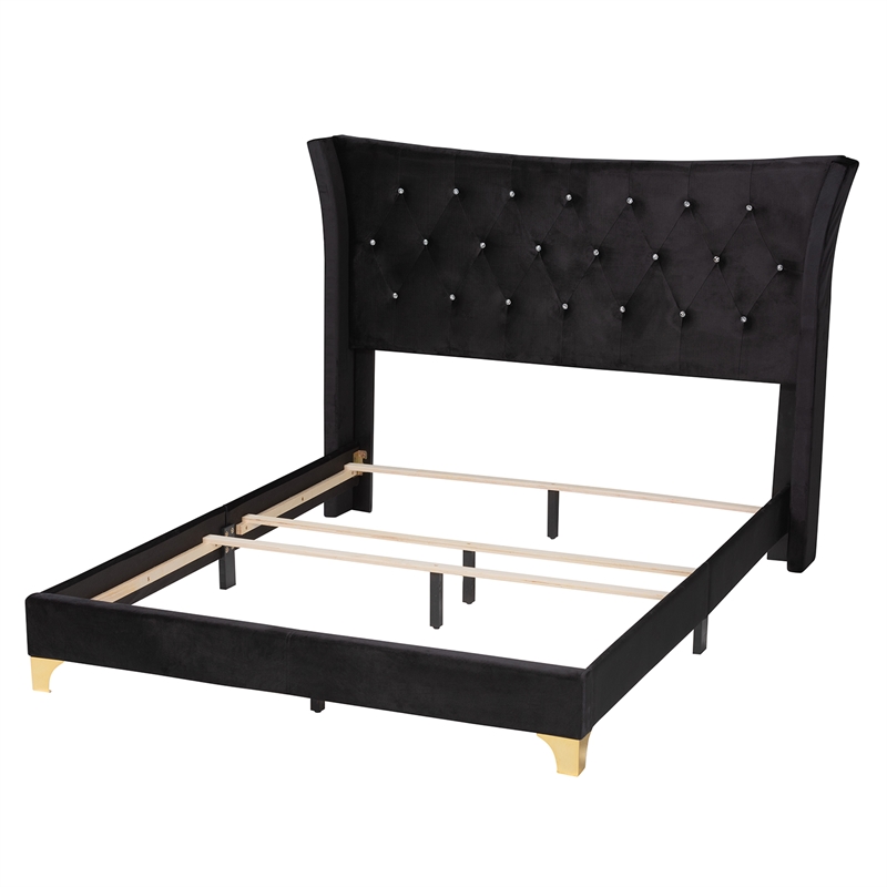 Baxton Studio Easton Black Velvet and Gold Metal Queen Size Panel Bed