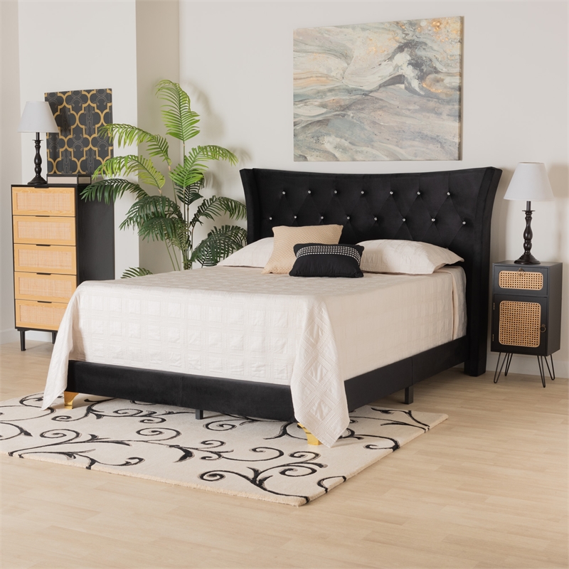 Baxton Studio Easton Black Velvet and Gold Metal Queen Size Panel Bed
