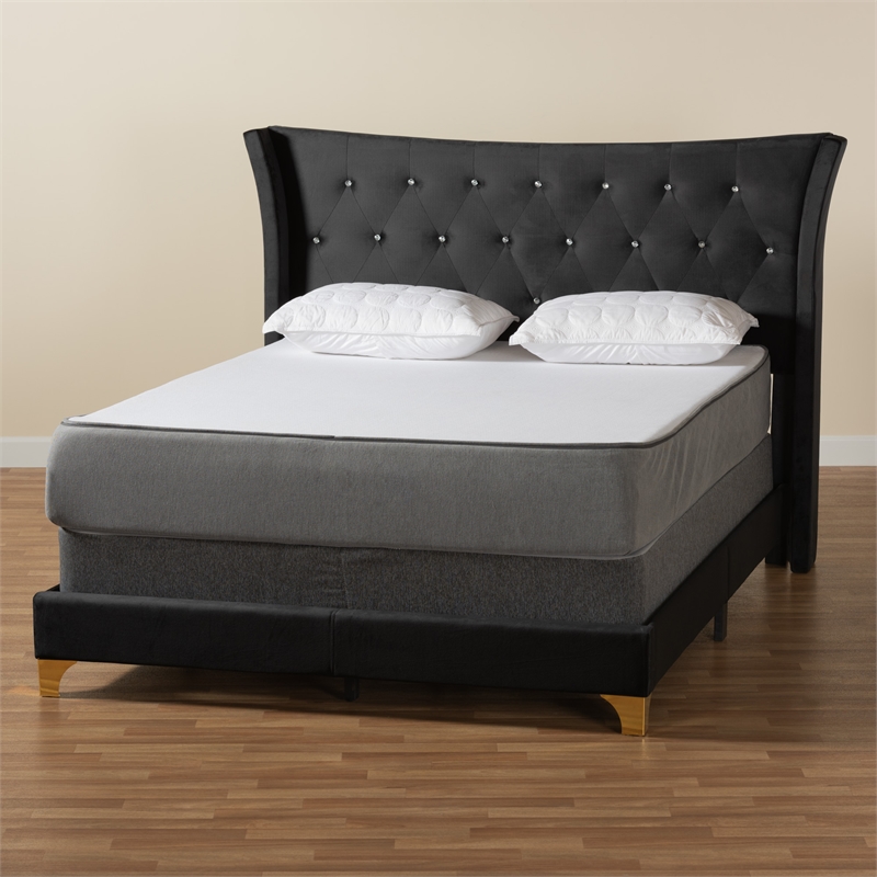 Baxton Studio Easton Black Velvet and Gold Metal Queen Size Panel Bed