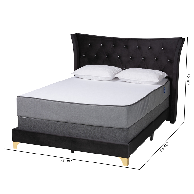 Baxton Studio Easton Black Velvet and Gold Metal Queen Size Panel Bed