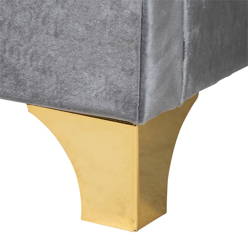 Baxton Studio Easton Grey Velvet and Gold Metal Queen Size Panel Bed